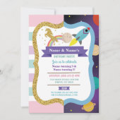 ユニコーン＆スペース共同男子女子誕生日招待状 招待状 (正面)