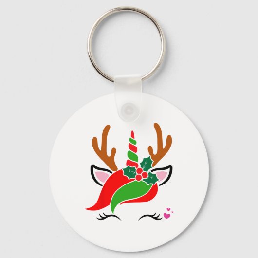 ユニコーン+トナカイ+かわいい+クリスマス+おもしろい キーホルダー (正面)