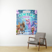 ユニコーン＆トナカイ キッズ ニューイヤー パーティー 背景 タペストリー (インサイチュ)