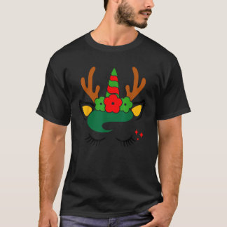 ユニコーン+トナカイ+花輪+キュートクリスマス Tシャツ