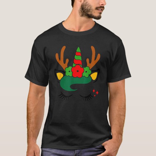 ユニコーン+トナカイ+花輪+キュートクリスマス Tシャツ (正面)