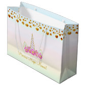 ユニコーン,ピンクの花とゴールデン紙吹雪 ラージペーパーバッグ (正面アングル)