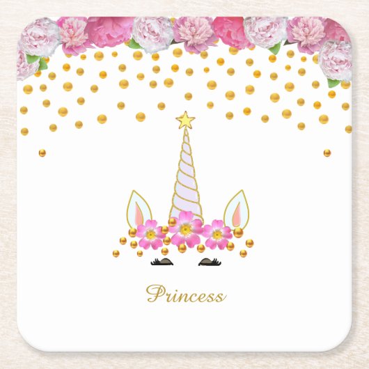 ユニコーン、ピンクの花と金ゴールド紙吹雪 スクエアペーパーコースター (正面)