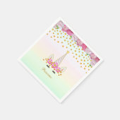 ユニコーン、ピンクの花と金ゴールド紙吹雪 スタンダードカクテルナプキン (角)
