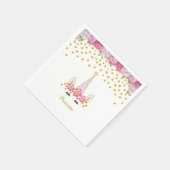 ユニコーン、ピンクの花と金ゴールド紙吹雪 スタンダードカクテルナプキン (角)