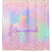 ユニコーン ピンク グリッターが滴る名前の女の子 ホログラフィック シャワーカーテン (正面)