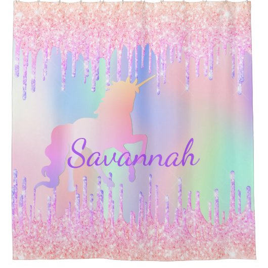 ユニコーン ピンク グリッターが滴る名前の女の子 ホログラフィック シャワーカーテン (正面)
