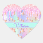 ユニコーン ピンク グリッター イリデセント ローズゴールド 誕生日 ハートシール (正面)