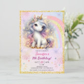 ユニコーン ピンク ゴールド グリッター 7歳 誕生日パーティー 招待状 (スタンド正面)