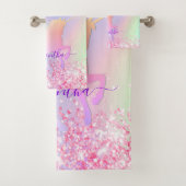 ユニコーン ピンク パープル コンフェッティ 名前 女の子 バスタオルセット (インサイチュ)