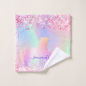 ユニコーン ピンク パープル コンフェッティ 名前 女の子 バスタオルセット (ウォッシュタオル)