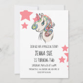 ユニコーン ピンク 星 手描き 誕生日パーティー 招待状 (正面)