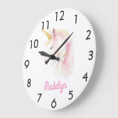 ユニコーン ピンク 白 名前 ラージ壁時計 (傾斜)