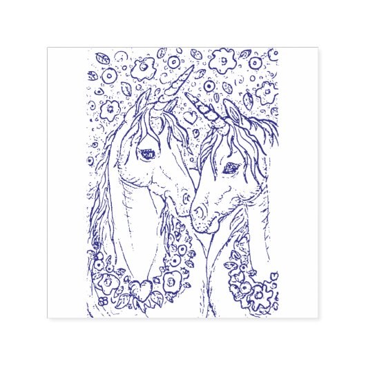 ユニコーン、ファンタジー馬、花の素敵なペア セルフインキングスタンプ (デザイン)