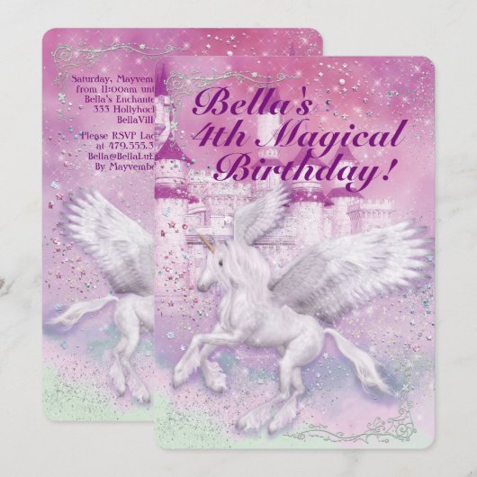 ユニコーン ファンタジー 城 誕生日パーティー 招待状 (正面/裏面)
