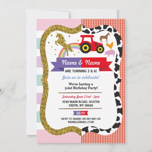 ユニコーン&ファームジョインボーイガール誕生日ファルミヤール 招待状 (正面)
