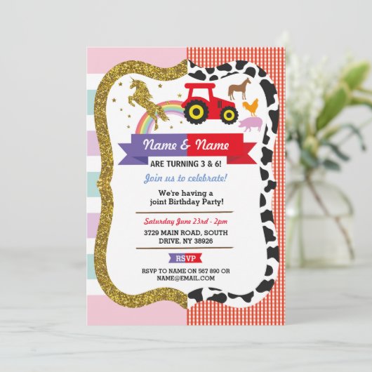 ユニコーン&ファームジョインボーイガール誕生日ファルミヤール 招待状 (スタンド正面)