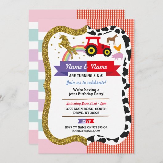 ユニコーン&ファームジョインボーイガール誕生日ファルミヤール 招待状 (正面/裏面)