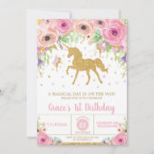 ユニコーン&フェアリー誕生日招待状ピンクフローラ 招待状 (正面)