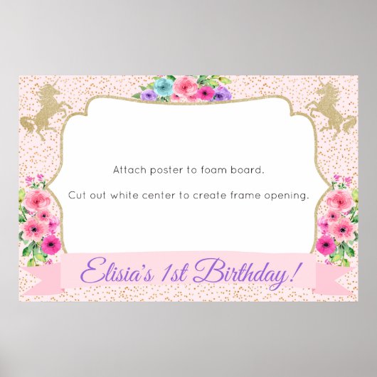 ユニコーン フォトブース フレーム プロップ ポスター ゴールド フラワーリ (正面)