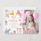 ユニコーン フォーエバー マジカル 4歳の誕生日パーティー 写真 招待状 (正面)
