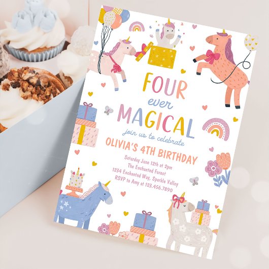 ユニコーン フォーエバー マジカル 4歳の誕生日パーティー 招待状