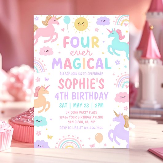 ユニコーン・フォーエバー・マジカル 4歳の誕生日招待状 招待状