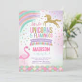ユニコーン&フラミンゴ誕生日招待状魔法パーティー 招待状 (スタンド正面)