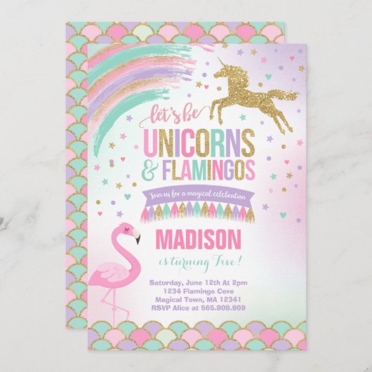 ユニコーン&フラミンゴ誕生日招待状魔法パーティー 招待状 (正面/裏面)