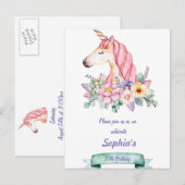 ユニコーン&フラワーズチルドレン誕生日招待状 インビテーションポストカード (正面/裏面)