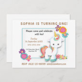 ユニコーン フラワー ファーストバースデー 招待状 白 (正面/裏面)