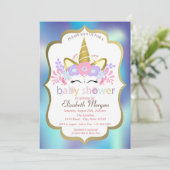 ユニコーン、ブルーホログラフィックベビーシャワー招待状 招待状 (スタンド正面)