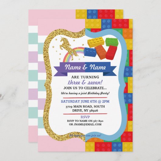 ユニコーン&ブロックジョイントボーイガール誕生日招待状 招待状 (正面/裏面)