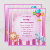 ユニコーン、プリンセスキティ＆バルーン パーティー招待状 招待状 (正面/裏面)