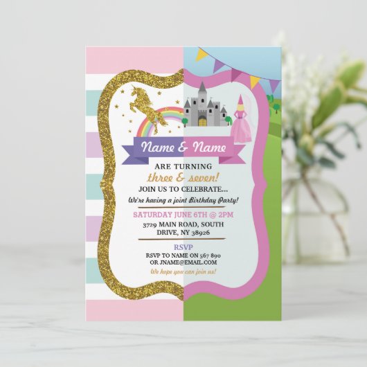 ユニコーン&プリンセスジョイントキャッスルピンクガール誕生日 招待状 (スタンド正面)