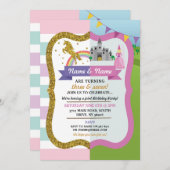 ユニコーン&プリンセスジョイントキャッスルピンクガール誕生日 招待状 (正面/裏面)