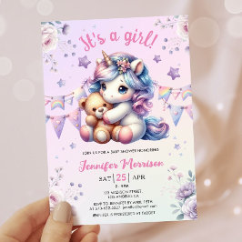 ユニコーン ベビーシャワー イッツ ア ガール フローラル ウォーターカラー 招待状