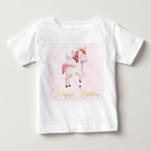 ユニコーン ペガサス 水彩 ピンク 誕生日 女の子 ベビーTシャツ (正面)