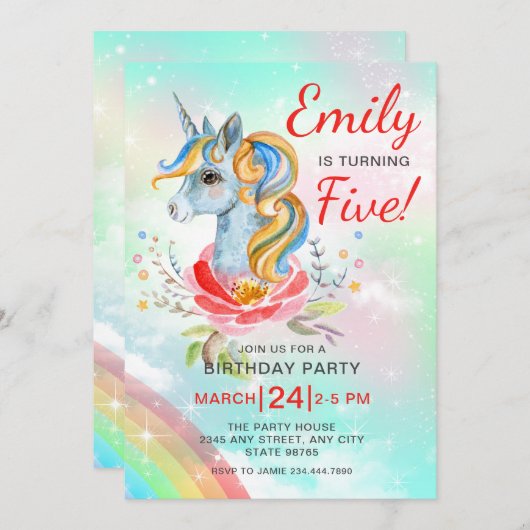 ユニコーン マジカル レインボー 5歳の誕生日パーティー招待状 招待状 (正面/裏面)