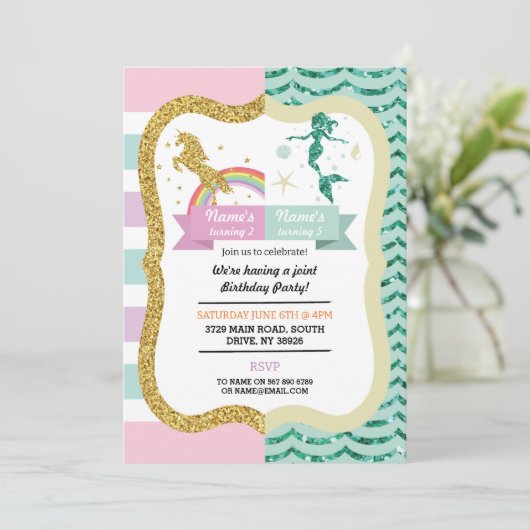 ユニコーン&マーメイドジョイントガールズツインズ誕生日 招待状 (スタンド正面)