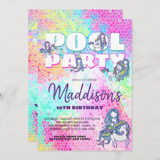 ユニコーン&マーメイドプールパーティの招待状 招待状 (正面/裏面)