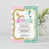 ユニコーン & マーメイド合同女の子の双子誕生日 招待状 (スタンド正面)