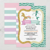 ユニコーン & マーメイド合同女の子の双子誕生日 招待状 (正面/裏面)