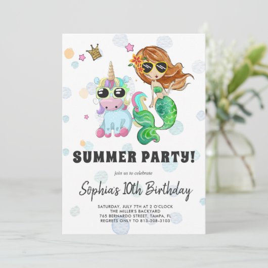 ユニコーン&マーメイド プールパーティー招待状 招待状 (スタンド正面)