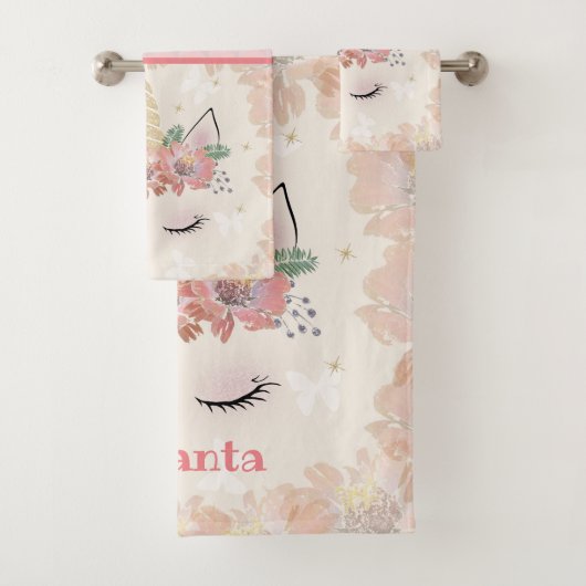 ユニコーン,ユニコーン顔,パーソナライズされた,ガーリー,フローラ バスタオルセット (インサイチュ)