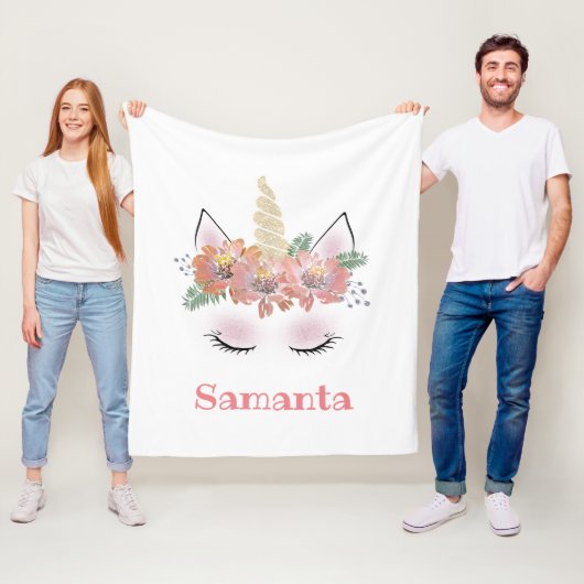 ユニコーン，ユニコーン顔,パーソナライズされた,ガーリー,フローラ フリースブランケット (インサイチュ)