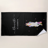 ユニコーン・ヨガのポーズ黒い可愛いおもしろいナマステ名 ビーチタオル (正面)