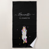 ユニコーン・ヨガのポーズ黒い可愛いおもしろいナマステ名 ビーチタオル (正面)