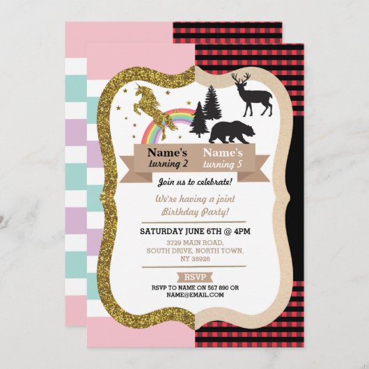 ユニコーン&ランバージャックボーイガール誕生日招待状 招待状 (正面/裏面)