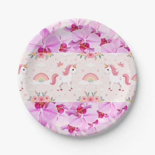 ユニコーン&ラン，虹，花，パーティー ペーパープレート (正面)